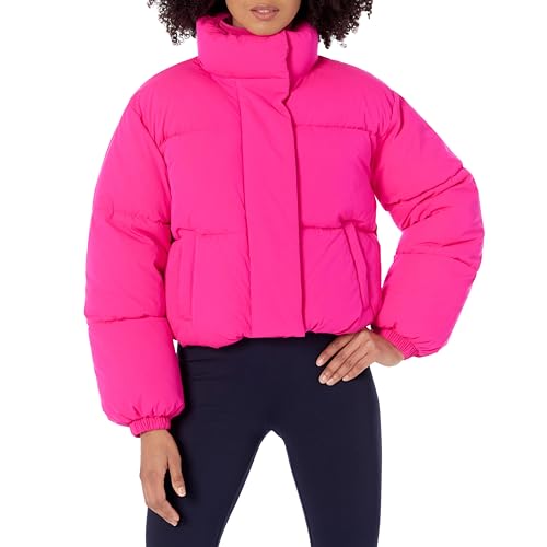 Amazon Essentials Women's Cropped Full-Zip Puffer Jacket, Winter Warm, Stand Collar, Neon Pink, Small