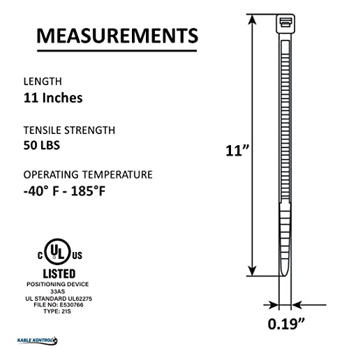 Kable Kontrol Cable Zip Ties Natural White 1000 Pcs 11 Inch, 50 Lbs Tensile Strength, Self-Locking Natural Nylon Clear Plastic Wire Ties Wraps For Indoor Or Outdoor Use #TOP1