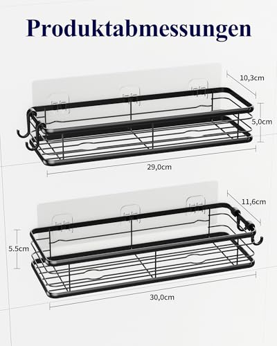 Kitsure Duschablage Ohne Bohren – 2er-Pack Rostfreie Duschregale Selbstklebend, Viel Stauraum, Praktisches Duschregal Ohne Bohren für Badezimmerutensilien, W 30.0cm, Schwarz