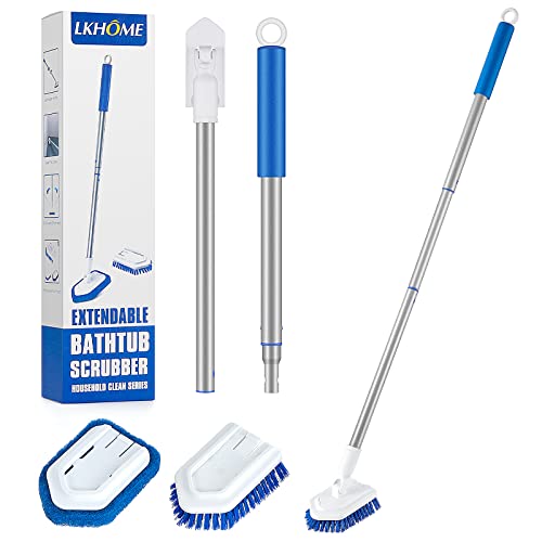 2 in 1 Shower Cleaning Tub and Tile Scrubber Brush Sponge with Extendable Long Lightweight Handle Detachable Stiff Bristles Shower Wall Scrubber Cleaning Brush for Bathroom Kitchen Toilet Tub Tile
