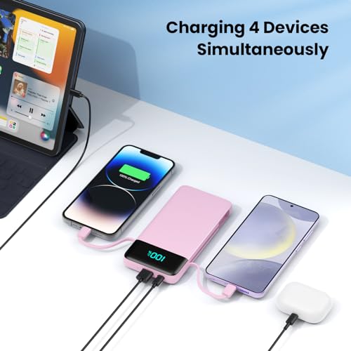 Image of Portable Charger Power Bank for iPhone with Built-in Cables and AC Wall Plug, 13800mAh Ultra Slim Travel Essentials,USB C Fast Charging External Battery Pack for iPhone 17 /16 /13,Galaxy,Android-Pink