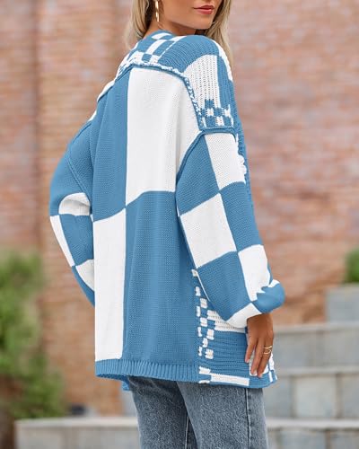Image of BTFBM Casual Cardigan Sweater for Women Fall 2026 Long Sleeve Open Front Chunky Knit Sweaters Checkered Outwear Coat