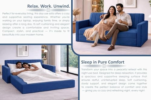 Image of Rosebell Sofa-Cum-Bed | Foldable Three-in-One Convertible Couch with Armrest | Modern Fabric Sofa for Living Room, Bedroom & Office-Blue-Color