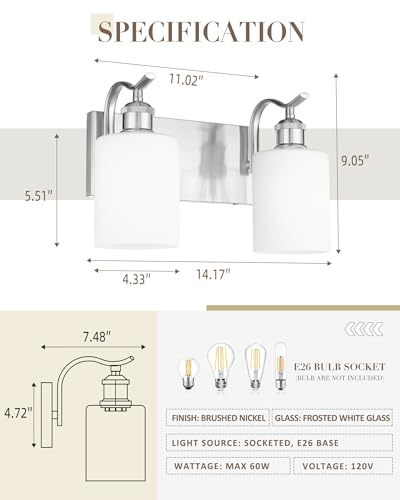 Image of Milk Glass Bathroom Light, 2-Light Vanity Light Fixture, Brushed Nickel Wall Sconce, VL01BNW-2