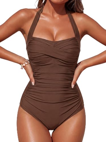 Image of Smismivo Tummy Control Swimwear Halter One Piece Slimming Vintage Retro Swimsuit Womens Ruched Push Up Bathing Suit