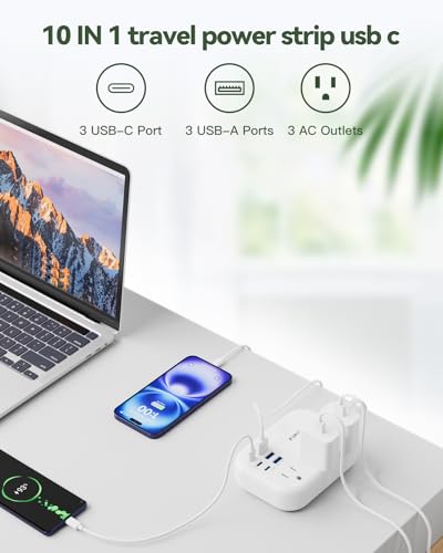 Regleta de energía con 6 puertos USB y 3 tomas, extensión de 3 pies con tapa plana, color blanco, marca popowell miniatura 3