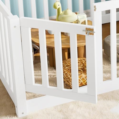 Bellemave Twin Size Kids Floor Bed with Safety Guardrails & Door, Woode Montessori Floor Bed Frame, Kids Twin Bed Frame for Girls Boys, White