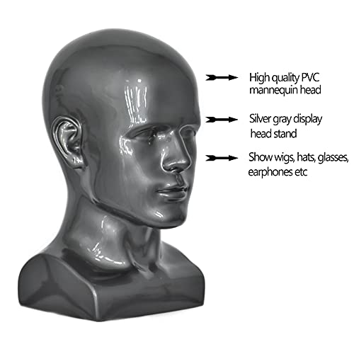 Ffxs Male Mannequin Head Pvc Display Head Stand Wig Display Head Model Men Manikin Head Dolls For Display Headset, Headphone, Game Console, Hats, Wigs Jewellery(Silver Grey) #TOP3