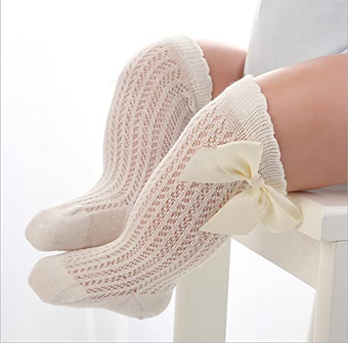 Sywwlov 5 Pairs Baby Girls Knee High Socks Infant Toddler Bow Knit Mesh Cotton Socks Tube Ruffle Stockings3