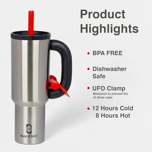 Image of House of Quirk 1200ml Stainless Steel Tumbler with Handle, Straw & Straw Cap | Leakproof Water Bottle | Large Capacity Travel Mug (Chrome)