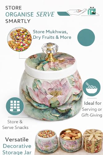 Image of Decorative Flower Printed Jar | Metal Storage Jars with Lid | Traditional Indian Art Containers for Sweets, Spices, Pooja & Return Gifting