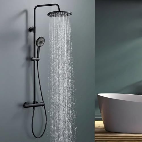 HOMELODY Système de douche avec thermostat noir - Robinet de douche complet avec 3 types de jet et pommeau de douche de 25 cm - En acier inoxydable - Noir -...