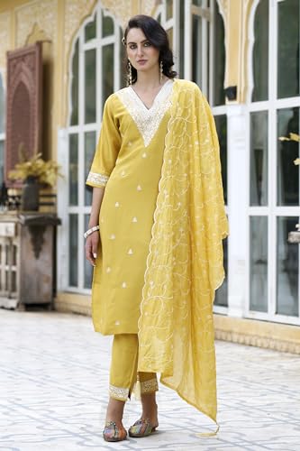 Image of VredeVogel Women's Silk Blend Kurta Pant Set with Chanderi Embroidery Work Dupatta