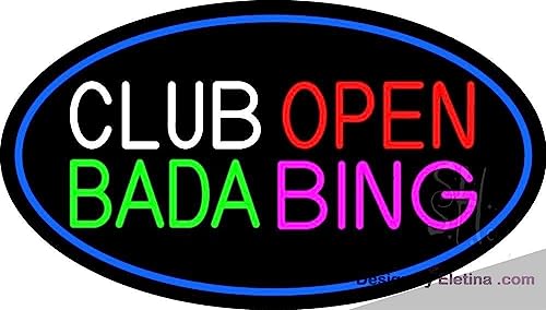 Neon Light Signs Club Open Bada Bing With Blue Border Led Sign Black Square Cut Acrylic Backing, With Dimmer - Premium Built Indoor Sign For Strip Club Room Decor PVC 14"x17"