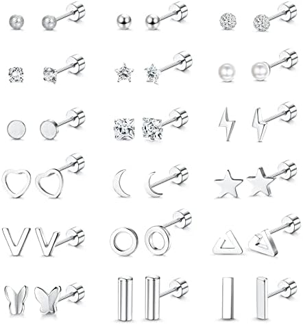 YADOCA 18 Pairs 18G Stainless Steel Stud Earrings for Women Tiny Cartilage Studs Earrings CZ Ball Star Heart Triangle Geometric Flat Back Earring Set