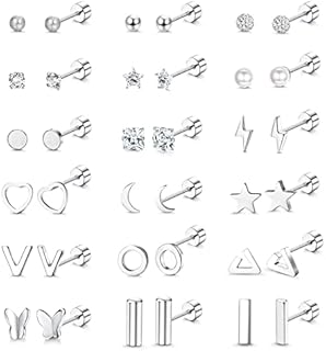 YADOCA 18 Pairs 18G Stainless Steel Stud Earrings for Women Tiny Cartilage Studs Earrings CZ Ball Star Heart Triangle Geometric Flat Back Earring Set