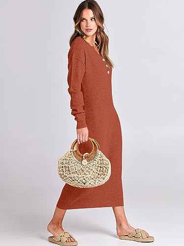 Image of ANRABESS Women Long Sleeve Button V Neck Oversized Casual Loose Fit Waffle Knit Fall Midi Sweater Dress 2026 Trendy Outfits