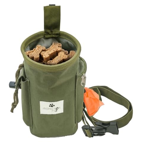 INSPECTOR TAIL Dog Treat Pouch w Cord Closure to Prevent Spills | 2 Cup Size | Hands Free - 4 Ways to Wear Tote | Pockets for Snacks Toys Poop Bags Keys Cards Pet Training Walking & Rewarding Holder Cover