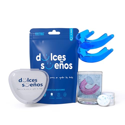 KULTIMA® Férula Descarga Bruxismo Nocturna + 6 Tabletas Limpiadoras. 2 Bucales Dentales Moldeables para Dormir. Solución Contra Rechinar Dientes, Trastornos ATM, NO BPA Práctica Deportiva (AZUL, L)