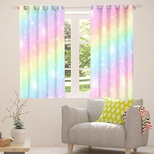 Erosebridal Rainbow Window Curtains for Kids Girls Teens Tie Dye Pastel Curtains 38" Wx45 L Golden Glitter Girly Sweet Window Treatments Curtains Abstract Watercolor Art Window Drapes 2 Panel Set