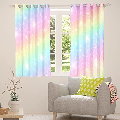Erosebridal Rainbow Window Curtains For Kids Girls Teens Tie Dye Pastel Curtains 38" Wx45 L Golden Glitter Girly Sweet Window Treatments Curtains Abstract Watercolor Art Window Drapes 2 Panel Set #TOP23