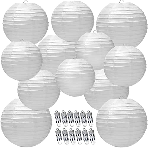 Paquete de 12 faroles LED de papel con luces, 6 pulgadas, 8 pulgadas, 10 pulgadas, 12 pulgadas, linterna redonda colgante china/japonesa para bodas, aniversarios, fiestas de cumpleaños (blanco)