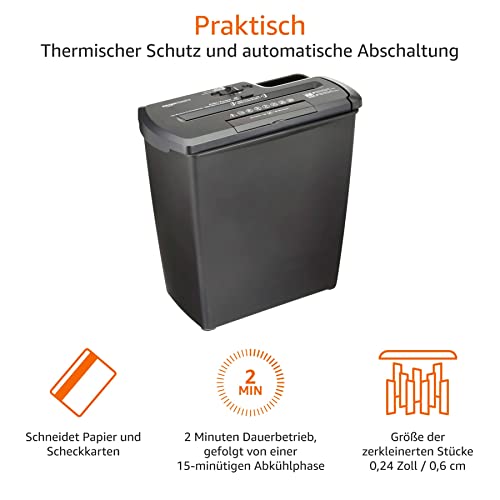 Amazon Basics Aktenvernichter, Streifenschnitt, CD-Schredder, 7-8 Blätter, Schwarz