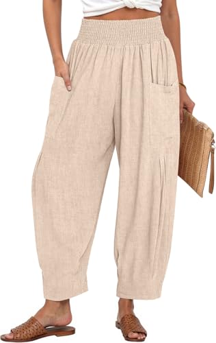 Image of TARSE Women's Linen Wide Leg Pants Baggy High Waist Palazzo Pants | Barrel Leg Fit, Harem Patch Pockets, Loose Casual Style, Breathable Fabric, Vacation Ready