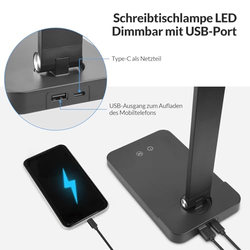 mafiti Schreibtischlampe LED Dimmbar Tischlampe 5 Farb und 3 Helligkeitsstufen, Augenfreundliche Nachttischlampe, USB-Anschluss für Leser… – Ansicht 6