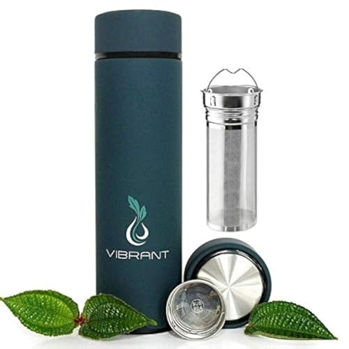 VIBRANT ALL IN ONE Travel Mug - TEA INFUSER Bottle WITH 2 PIECE EXTRA-LONG STEEPER STRAINER MESH FILTER - HOT COFFEE THERMOS - Cold FRUIT INFUSED Water LEAK PROOF Double wall Stainless Steel 16.9 oz