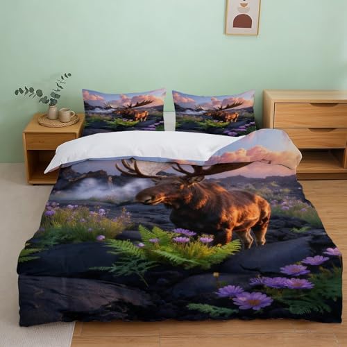 Funda Nórdica con Alce Ultra Suave Microfibre Juego De Ropa De Cama Roca Volcánica con Funda De Almohada para Chicas, Chicos, Adolescentes Y Adultos Single（140x200cm）
