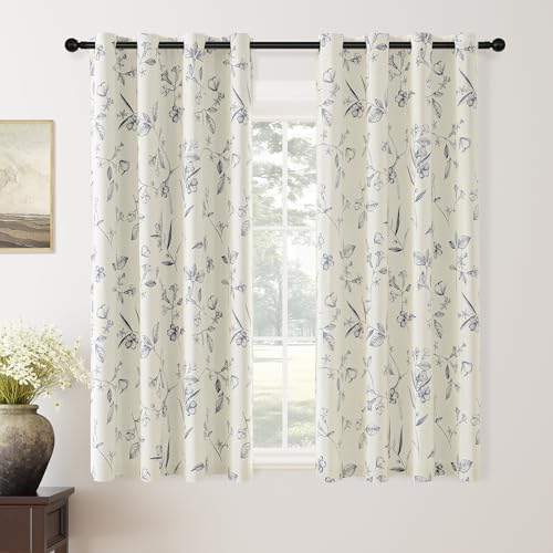 ChrisDowa 100% Blackout Floral Curtains 63 Inches Long 2 Panels,Navy/Beige