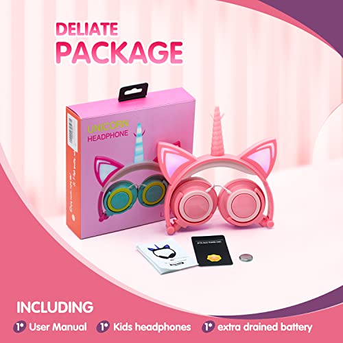 Onta Kids Headphones,Unicorn Cat Ear Headphone Led Light Up Earphone Foldable Wired On-Ear Toddlers For Travel,Children/Boys/Girls Birthday Gifts,Superior Noise Isolation Ultra-Portable Design(Peach) #TOP6