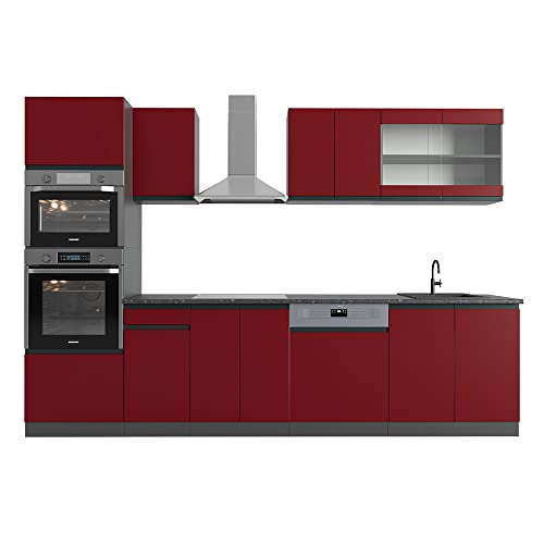 Vicco Küchenzeile R-Line, Rot/Anthrazit, 300 cm J-Shape, mit Hochschrank, ohne Arbeitsplatte, geeignet zur flexiblen Erweiterung mit Zusatzmodulen