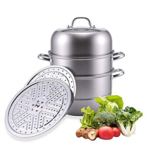 2-Tier Stainless Steel Induction Steamer Pot (30cm/11.8Inch) - Large Food Steamer for Dumplings, Buns & Dim Sum - Dishwasher Safe with Even Heat Distribution