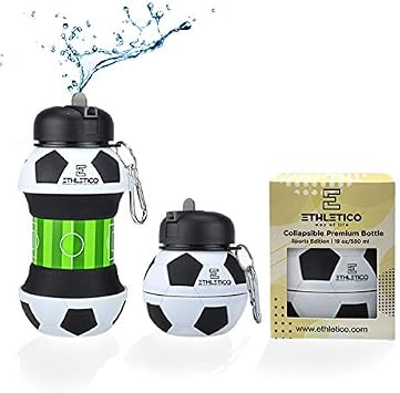 Collapsible Water Bottles with Carabiner Food Grade Sports Water Bottle for Gift Kids Folding Water Bottle for Hiking, GYM, School, Sports and Travelling 19Oz/550ml BPA Free Soccer
