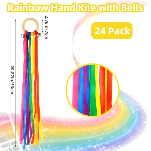 LDHHYH 24 Pack Rainbow Hand Kite Waldorf Toys with Bell, Creative Dancing Ribbon Streamer with Wood Ring for Playroom Dancing Birthday Party Gift (Bright Color)