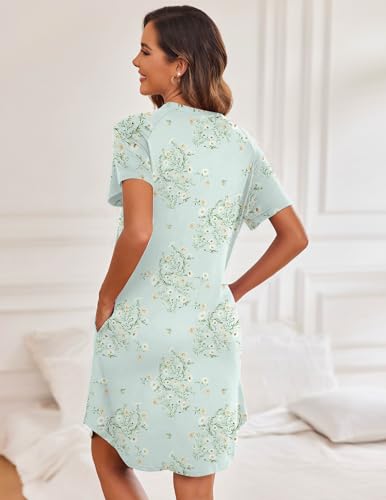 Image of Ekouaer Women's Button Down Nightgown Short Sleeve Sleepshirt V Neck Night Shirt Soft Pajamas Dress with Pockets