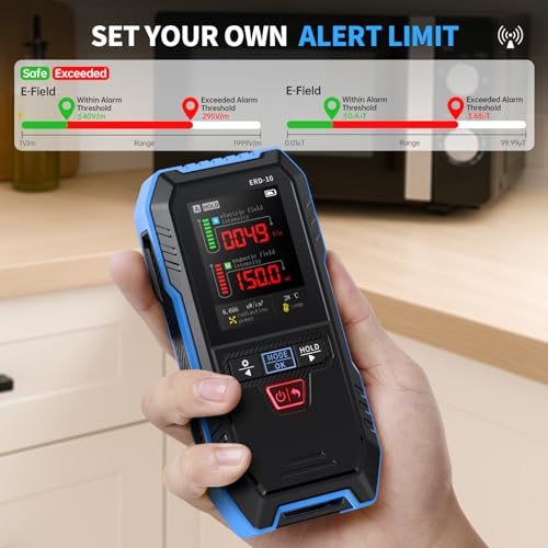 EMF messgerät Elektrosmog messgerät 3 In 1 Strahlenmessgerät Messung von EF MF RF Automatischer Alarm bei Überschreitung der Norm TFT Farbbildschirm für Haus, Büro und Kinderzimmer.
