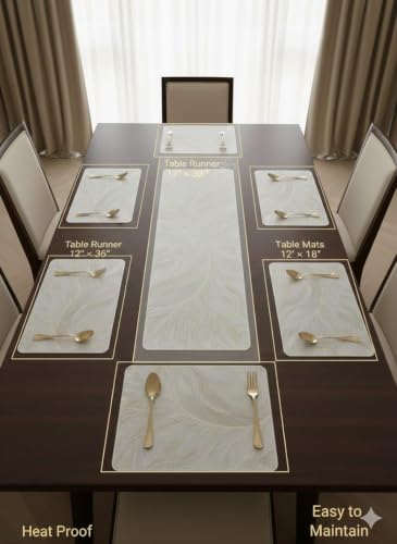 Image of Dakshya Industries Luxury Leaf Design Table Mats Set of 7 | PVC Waterproof Dining Placemats with Center Runner