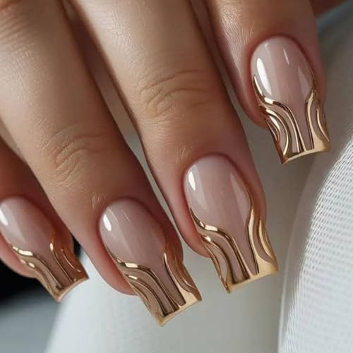 Image of Gold Wave Press on Nails Medium Square Fake Nails 3D Metallic Golden Line Design French False Nail Glossy Full Cover Reusable Nude Nail Press ons for Ladies Manicure 24Pcs