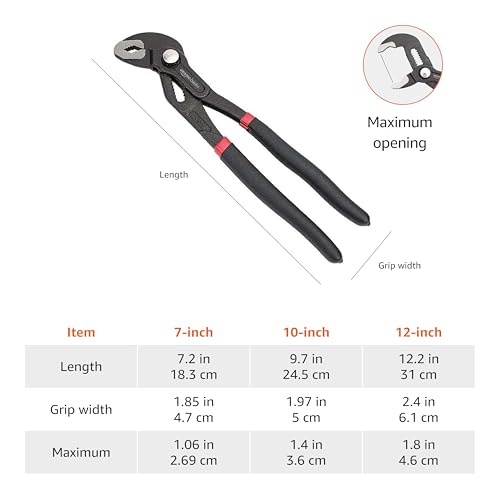 Amazon Basics 3-Piece Quick Release Groove Joint Pliers Set, Drop Forged Chrome Vanadium Steel with Comfortable Rubber Grip, Adjustable, 7-inch, 10-inch, and 12-inch, Black by Amazon Basics - Image 4