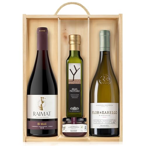 Lote Gourmet Regalo Elegance con aceite de oliva virgen extra, paté de olivas, vino tinto Raimat y vino blanco Xarel.lo en caja de madera