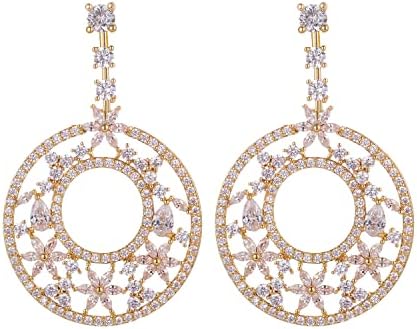 Round Dangle Earrings Bridal Weeding Jewelry 14K Gold-Plated Earrings for Women Hypoallergenic Material Featuring Cubic Zirconia Stones