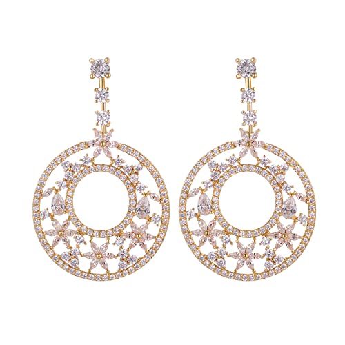 Smmythical Round Dangle Earrings Bridal Weeding Jewelry 14K Gold-Plated Earrings for Women Hypoallergenic Material Featuring Cubic Zirconia Stones