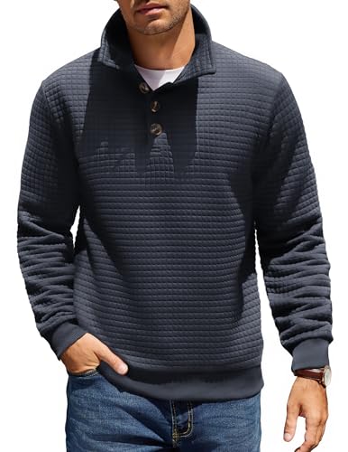 COOFANDY Mens 1/4 Pullover Casual Mock Neck Sweatshirts Long Sleeve Classic Waffle Pattern Sweatshirt Fall Polo Shirt Navy Blue