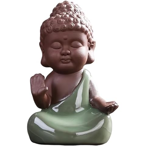 EVECILOO Ceramic Cute Baby Buddha Statue, Purple Clay Peaceful Rulai Buddha Statue, Happy Baby Buddha Statue, Monk Figurine, Office Desktop Mini Statue, Tea Ornaments, Monk Home Decoration (3) Cover