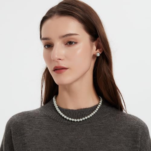 Pearl Necklace 18 inch and Pearl Earrings Studs, Lustrous Gorgeous Imitated Silver/White Pearls Jewelry Set For Women4