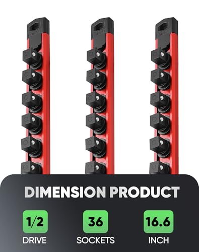 Image of ALOANES Magnetic Socket Organizer Set, 3-Piece Heavy Duty Aluminum Socket Rails, 360 Swivel Clips Socket Rail Kit for Tool Tray Drawer Fit 1 /2-Inch x 36 Clips (Red, 3PC)
