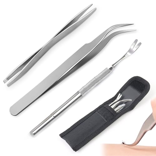Qcdou Zeckenzange, Zeckenentferner 3er Set, mit Edelstahl Zeckenpinzette, Zeckenhaken, Zeckenentfernung, Aufbewahrungstasche, Zecken Entfernen für Hunde, Katze, Mensch